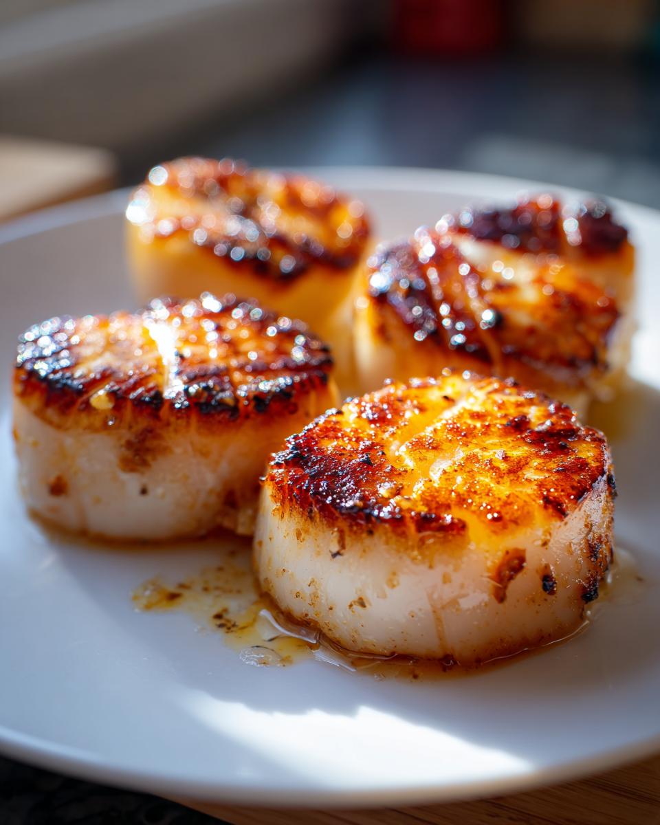 Close-up van vier perfect gegrilde Easy Grilled Scallops met een mooie bruine korst op een wit bord.