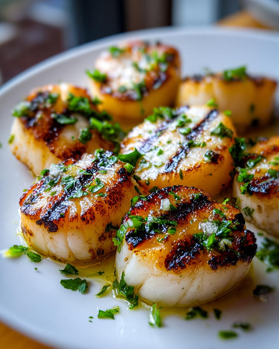Close-up van sappige Easy Grilled Scallops met mooie grillstrepen en verse peterselie.
