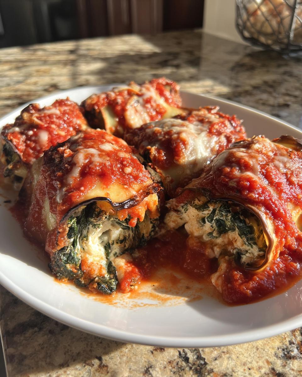 Close-up van Eggplant Rollatini gevuld met ricotta en spinazie, overgoten met tomatensaus en gesmolten kaas.