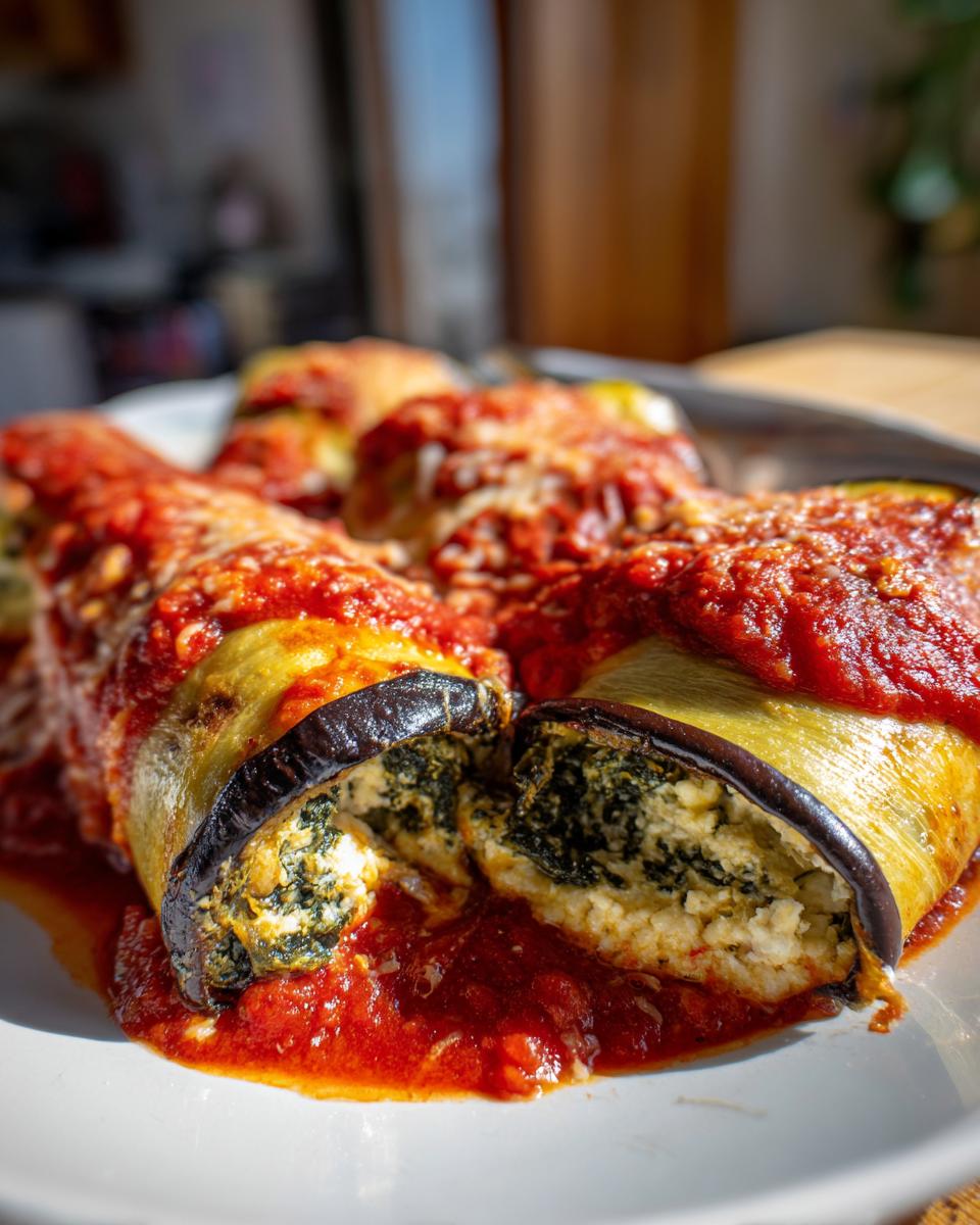 Close-up van Eggplant Rollatini gevuld met ricotta en spinazie, overgoten met tomatensaus.