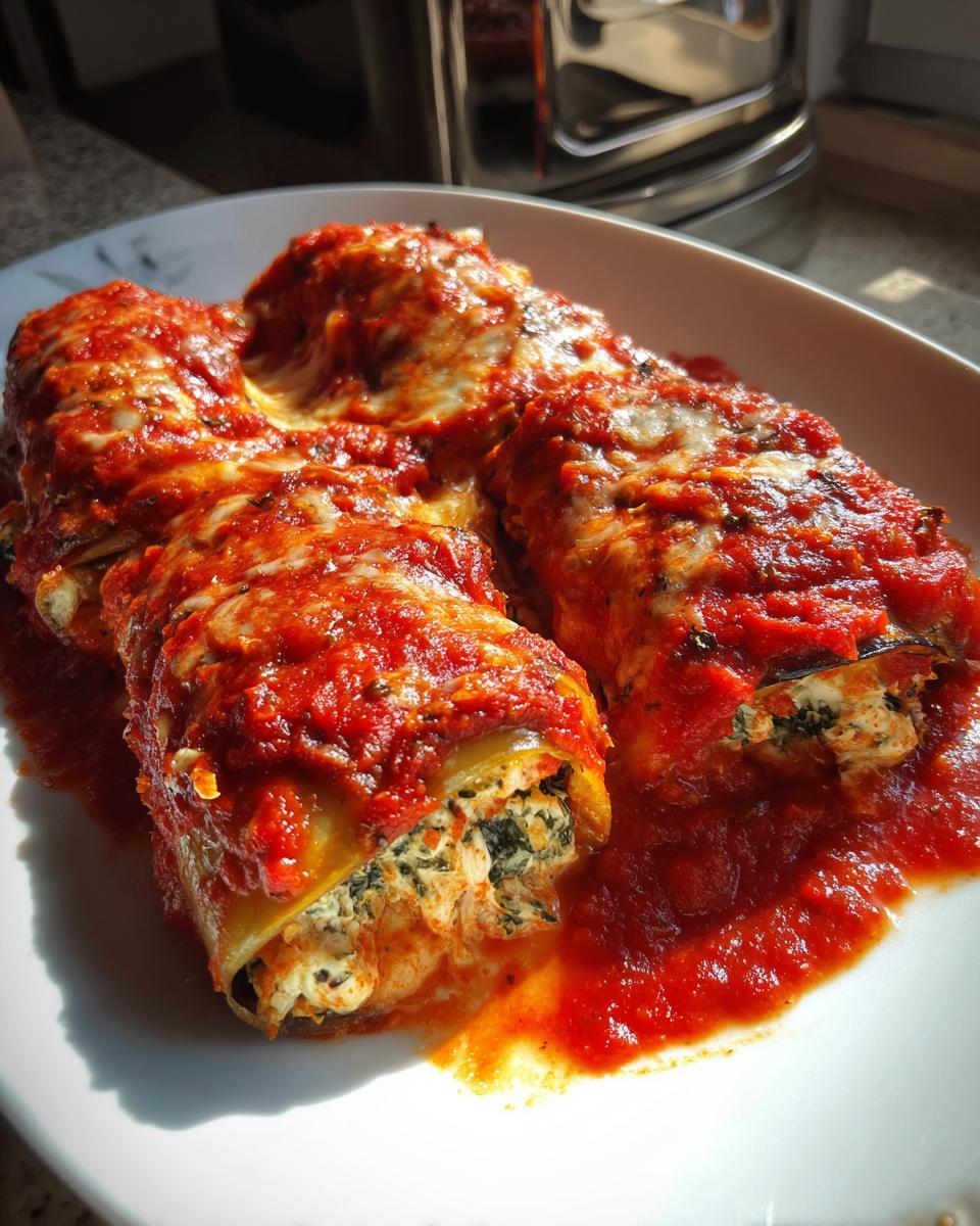 Drie porties Eggplant Rollatini gevuld met ricotta en spinazie, overgoten met rijke tomatensaus en gesmolten kaas.