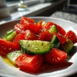 Close-up van stukjes tomaat en komkommer in een frisse Tomato Cucumber Salad met olie en kruiden.