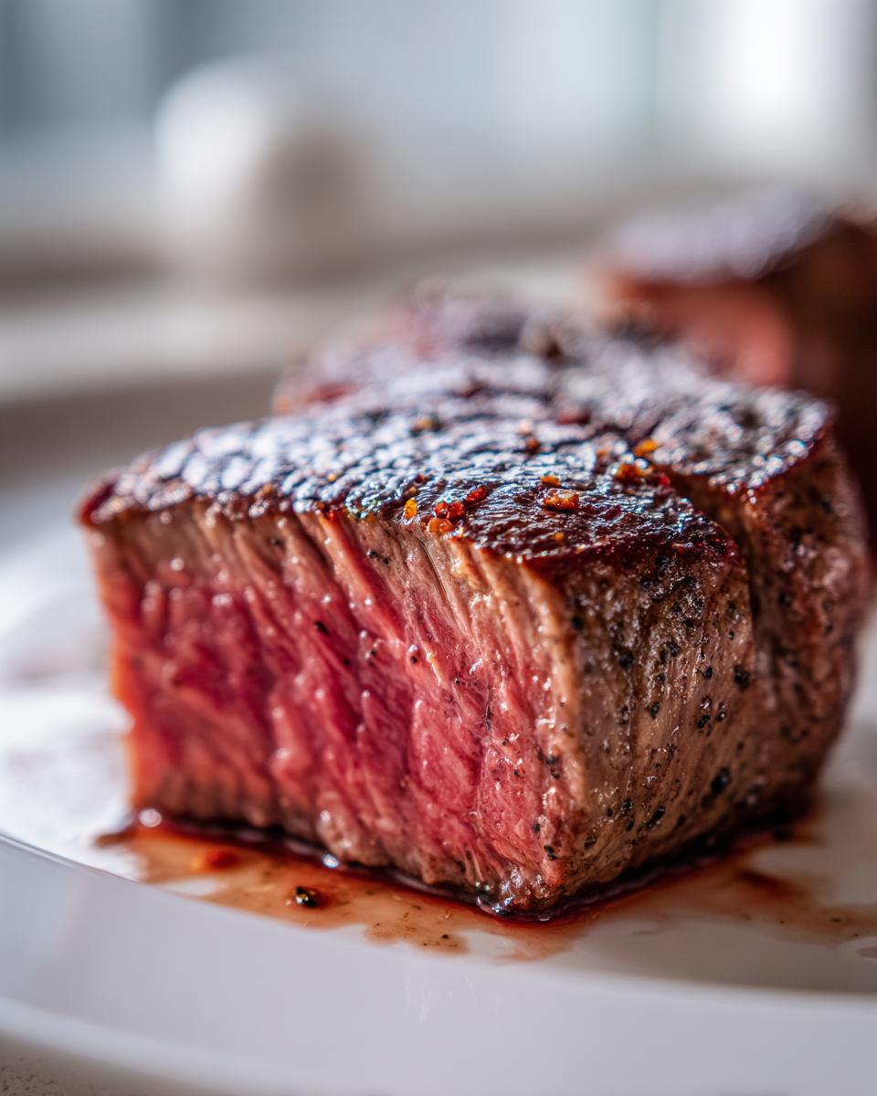 Close-up van een perfect gegaarde Garlic Guajillo Steak met een roze, sappige binnenkant en een gekruide korst.