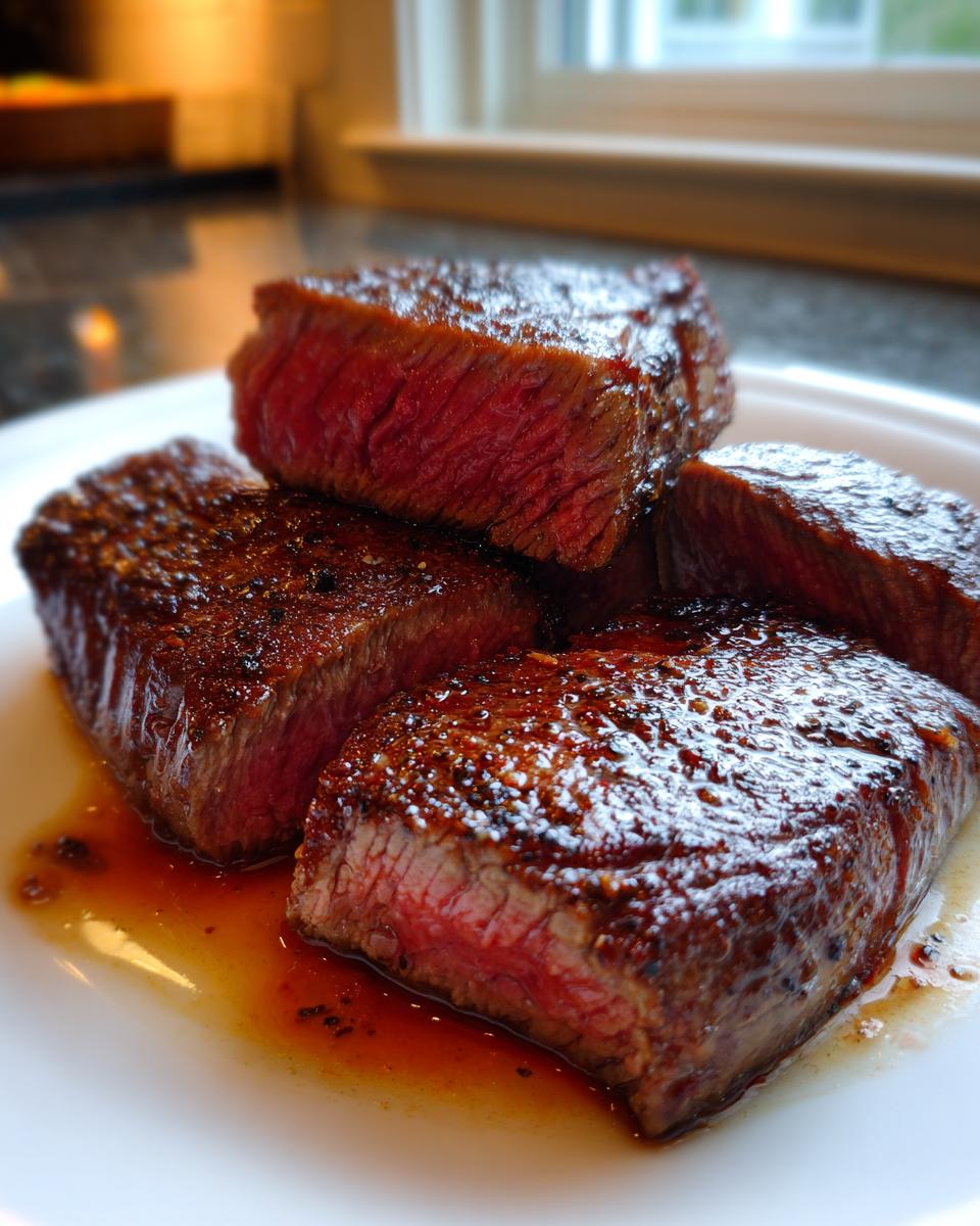 Drie sappige stukken Garlic Guajillo Steak, perfect medium-rare gegaard, op een witte schotel.