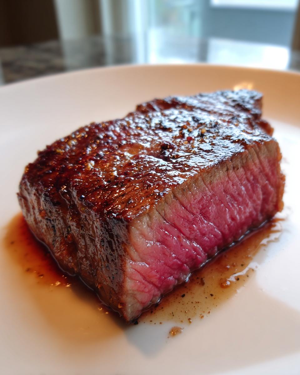 Close-up van een perfect gegaard stuk Garlic Guajillo Steak met een mooie roze binnenkant.