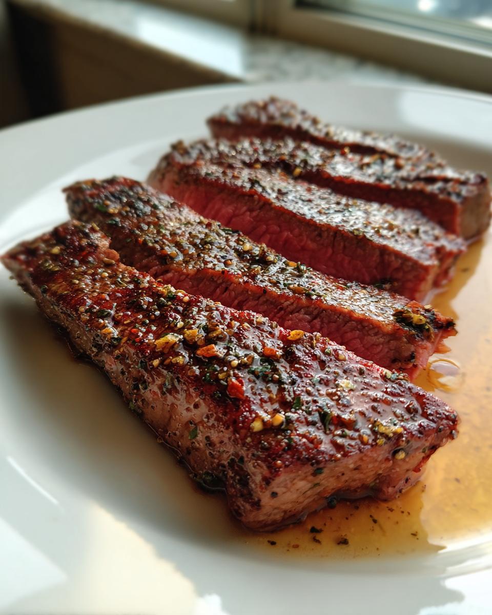 Drie dikke plakken sappige Garlic Guajillo Steak, medium-rare, met een zichtbare kruidenkorst op een wit bord.