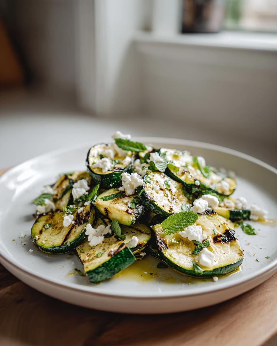 Gegrilde courgette plakjes met verkruimelde feta en verse muntblaadjes, geserveerd op een wit bord.