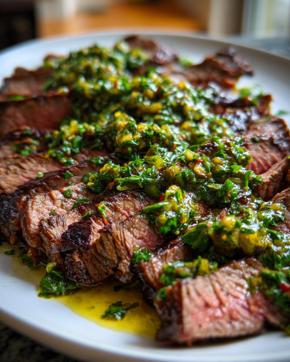 Plakjes gegrilde flank steak royaal overgoten met heldergroene avocado chimichurri saus op een wit bord.