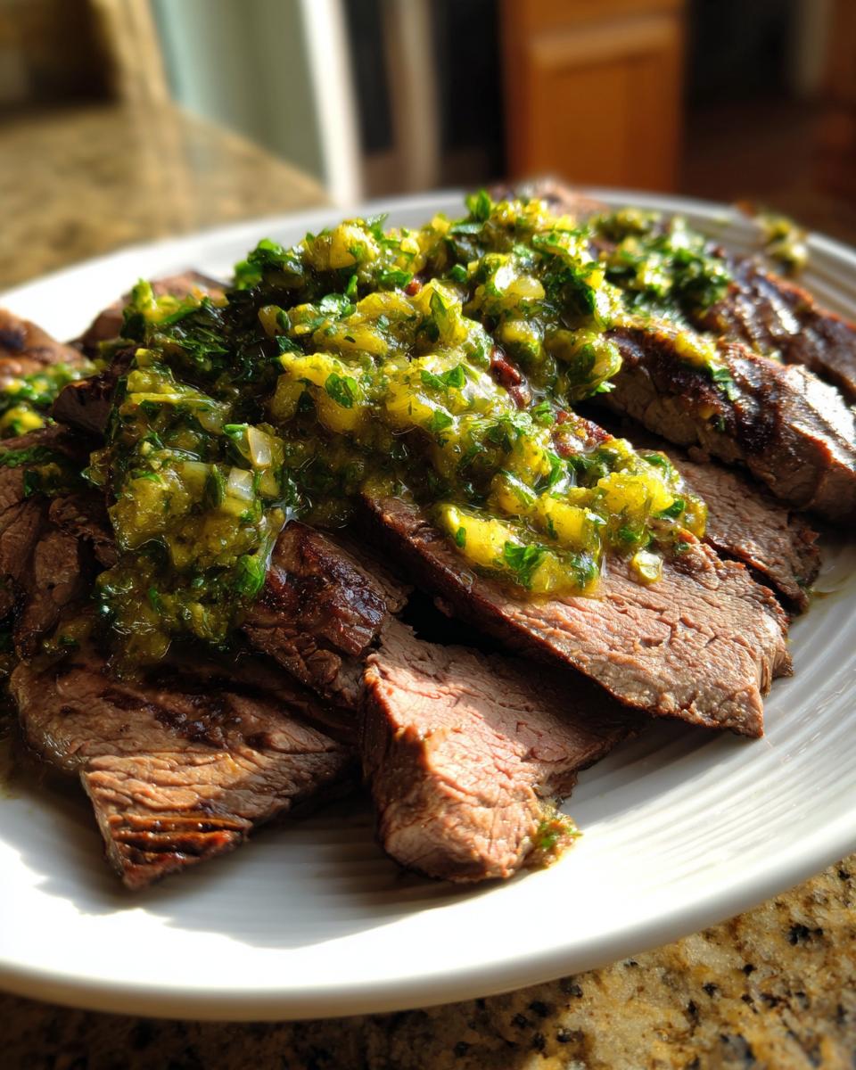 Plakjes gegrilde flank steak overgoten met heldere, groene Avocado Chimichurri Saus op een wit bord.