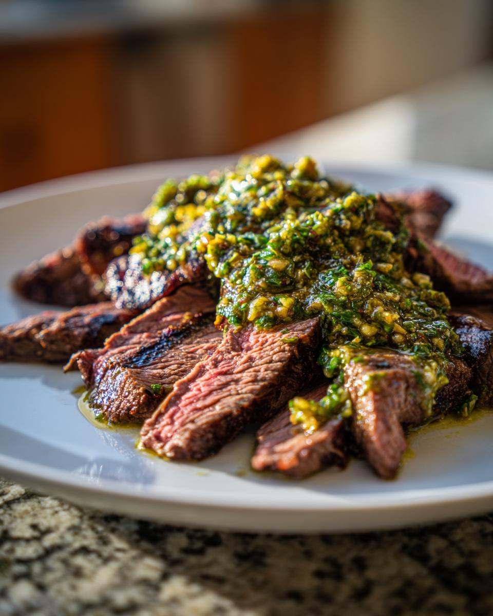 Plakjes gegrilde flank steak met een royale topping van avocado chimichurri saus op een wit bord.