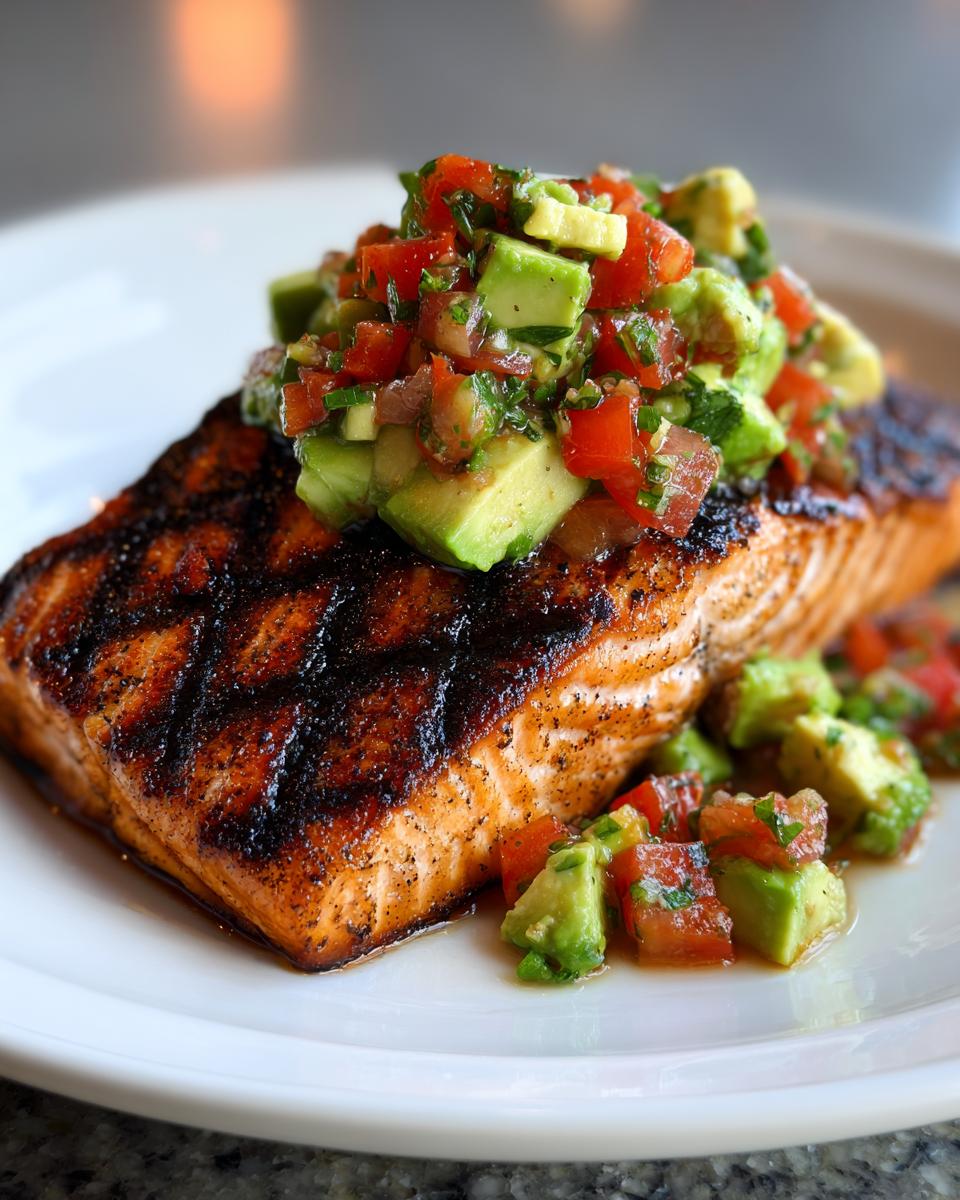 Close-up van een perfect gegrilde zalmfilet met een royale topping van verse avocado salsa.