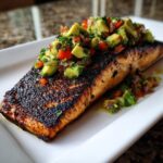 Perfect gegrilde zalmfilet met een donkere korst, getopt met verse avocado salsa.