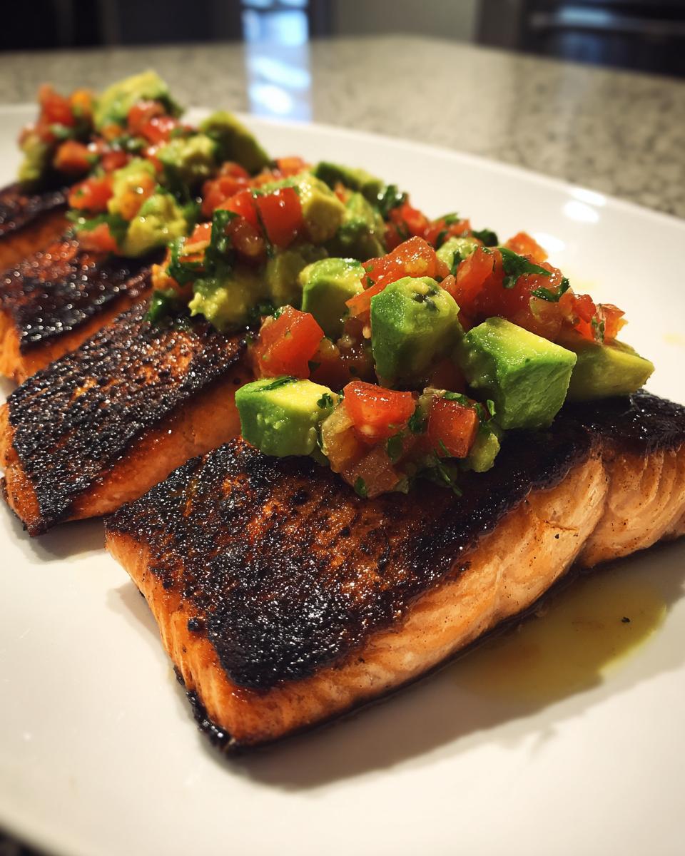 Drie stukken gegrilde zalm met een krokant vel, getopt met verse avocado salsa.
