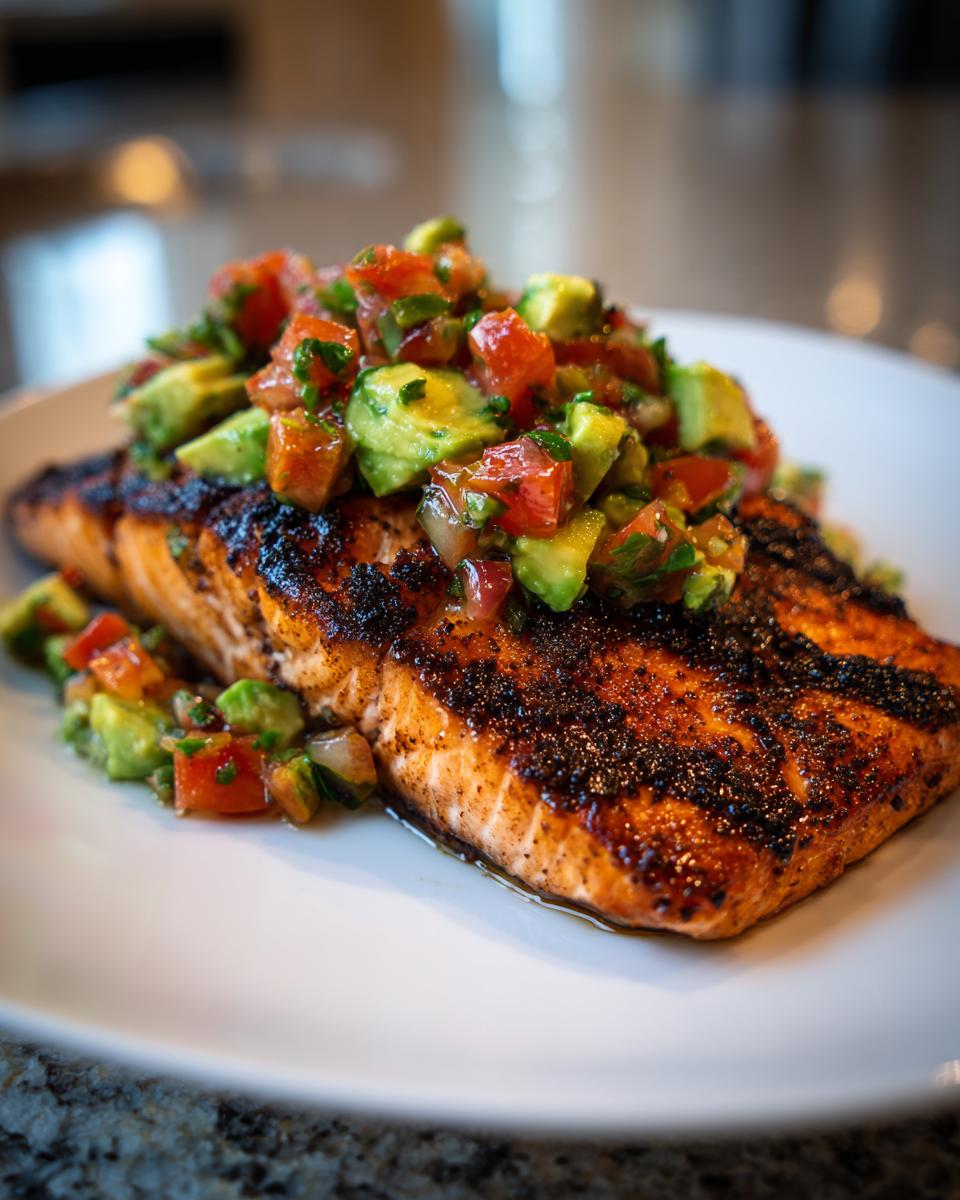 Close-up van een perfect gegrilde zalmfilet met een donkere korst, getopt met verse avocado salsa.