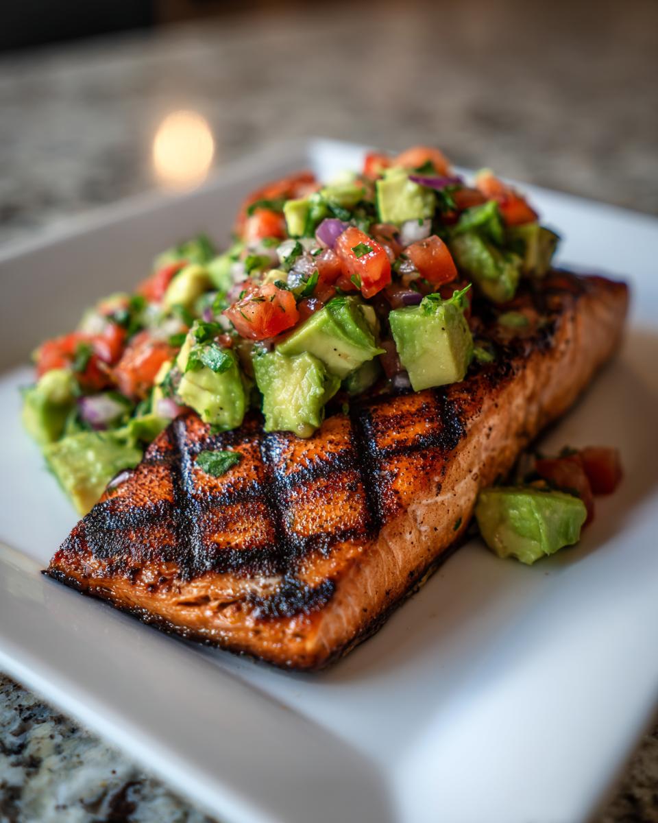 Close-up van een perfect gegrilde zalmfilet met duidelijke grillstrepen, getopt met verse avocado salsa.