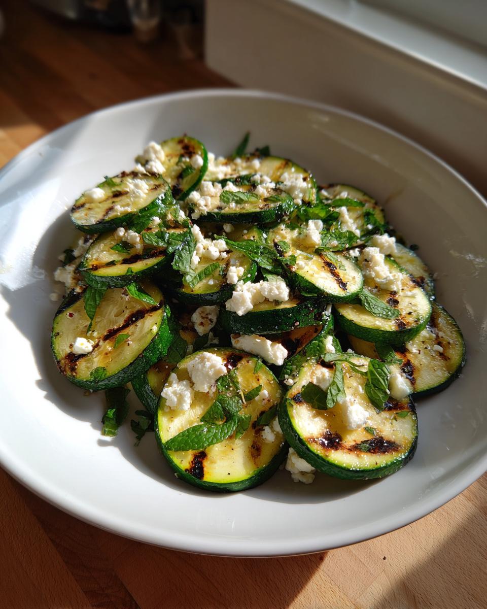 Close-up van Gegrilde Zucchini Salade met verkruimelde feta en verse muntblaadjes in een witte kom.
