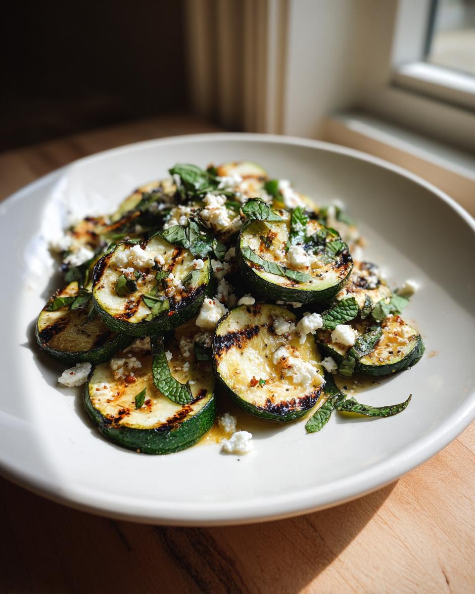 Plat met gegrilde courgette schijfjes, verkruimelde feta en verse muntblaadjes: heerlijke Gegrilde Zucchini Salade.