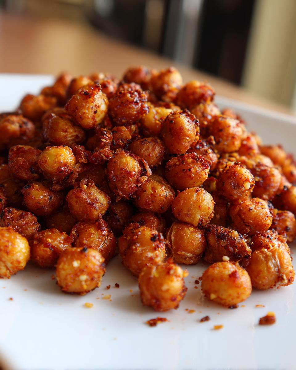 Close-up van een berg knapperige, gekruide geroosterde kikkererwten op een wit bord.