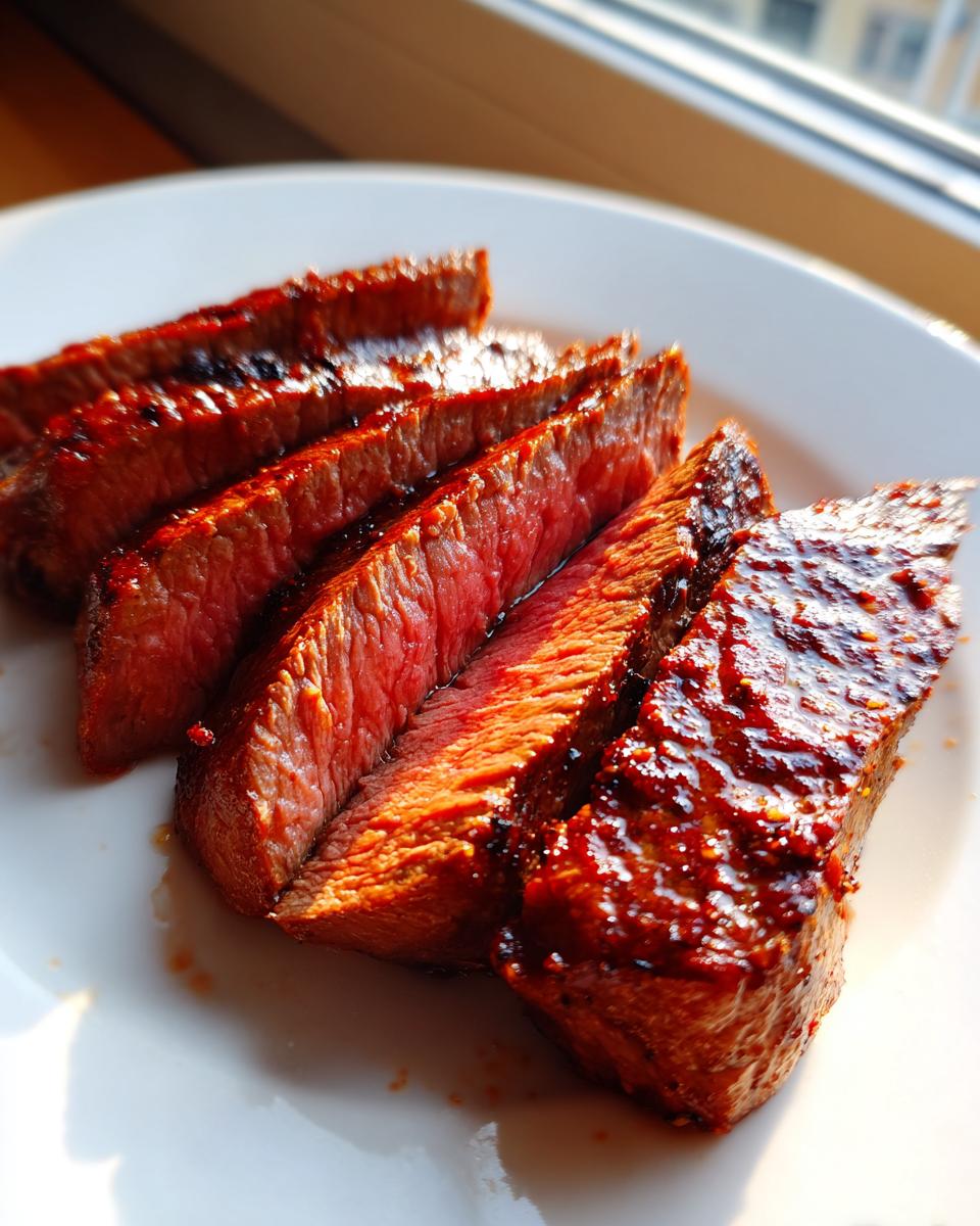 Drie dikke plakken sappige Garlic Guajillo Steak, medium-rare, met een glanzende rode marinade op een wit bord.