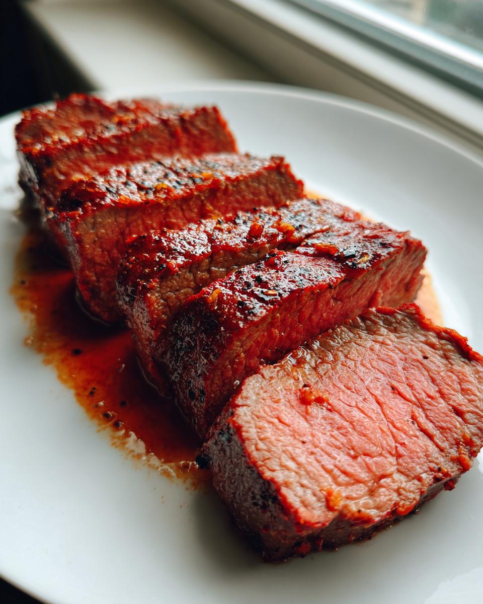 Drie dikke plakken perfect gegaarde Garlic Guajillo Steak met een rode, gekruide korst op een wit bord.