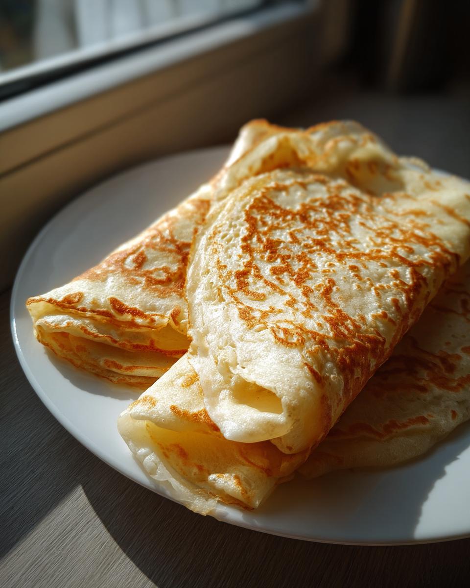 Drie gevouwen Egg White Wraps met bruine randjes op een wit bord, badend in zonlicht.