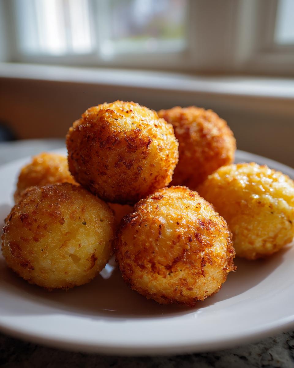 Close-up van een stapel goudbruine, krokant gefrituurde Potato Croquettes op een wit bord.
