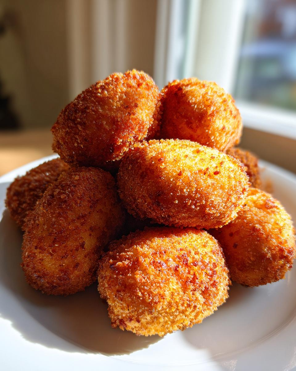 Een stapel perfect gefrituurde, goudbruine Potato Croquettes op een wit bord, badend in zonlicht.