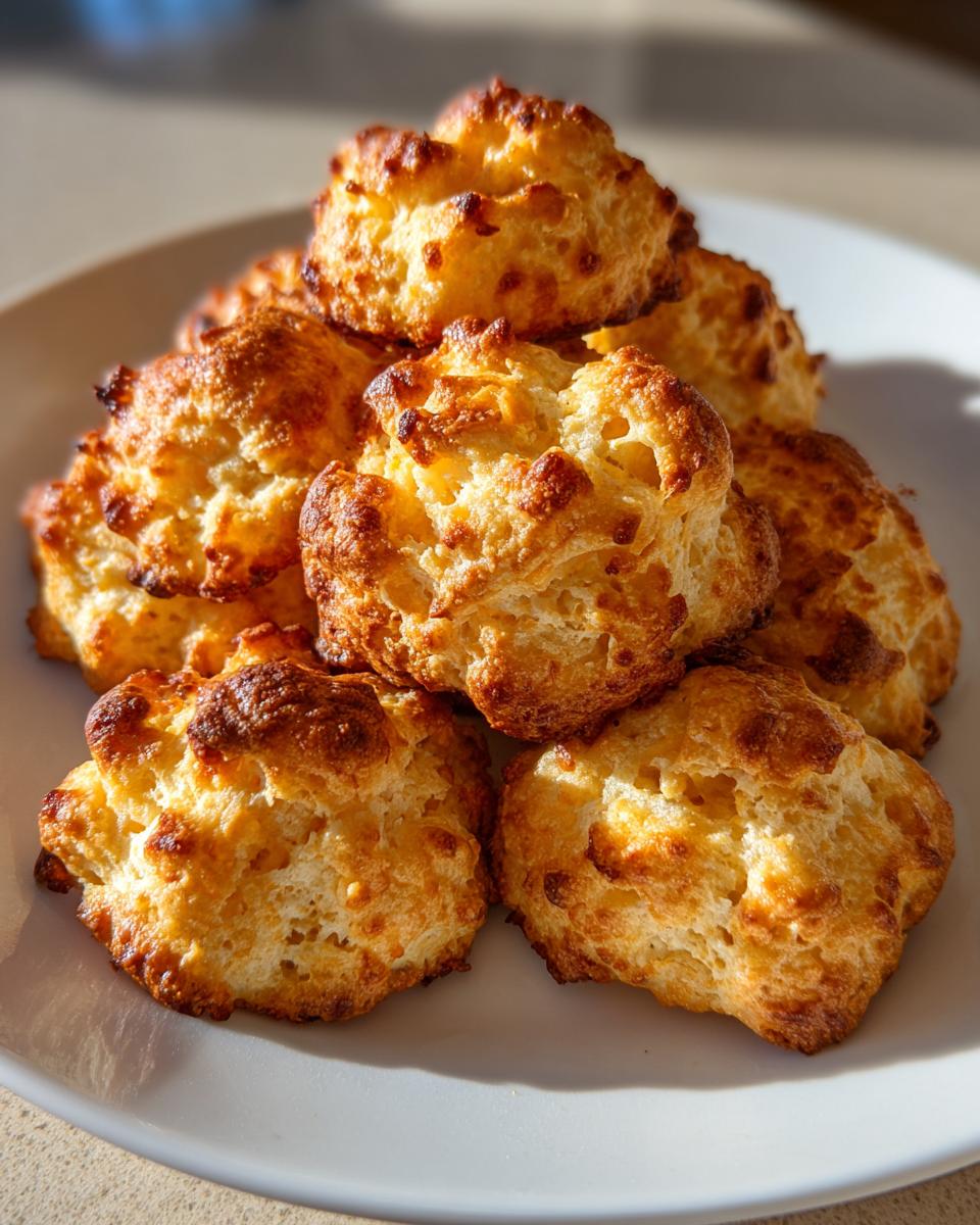 Stapel goudbruine, luchtige Homemade Cheese Crackers op een wit bord, badend in zonlicht.