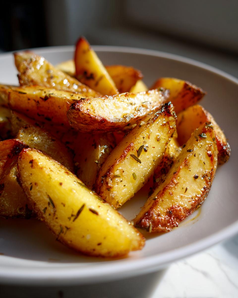 Close-up van goudbruin gebakken Griekse citroenaardappelen, gekruid met rozemarijn en olijfolie.