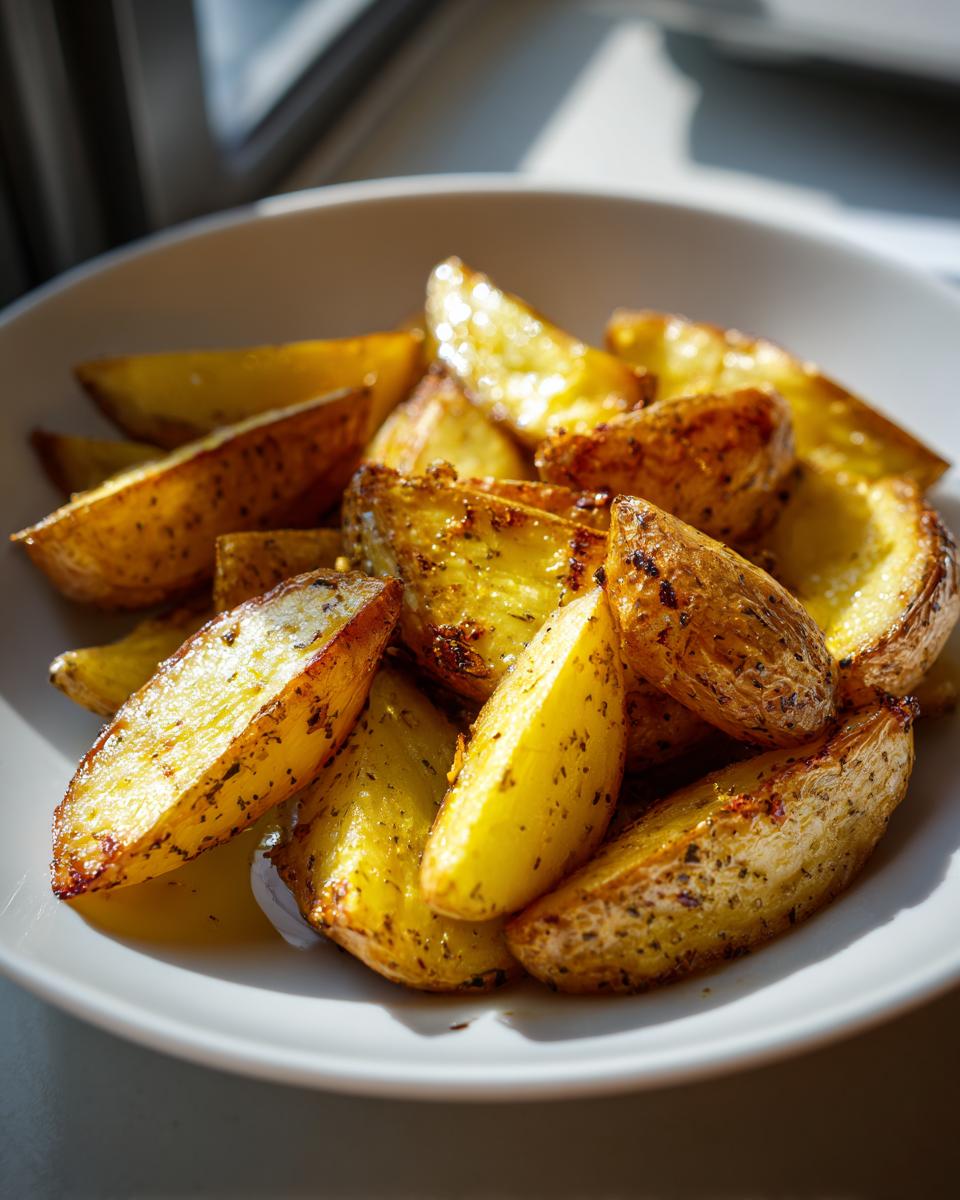 Close-up van goudbruine, gekruide Griekse Citroenaardappelen geserveerd in een witte kom.