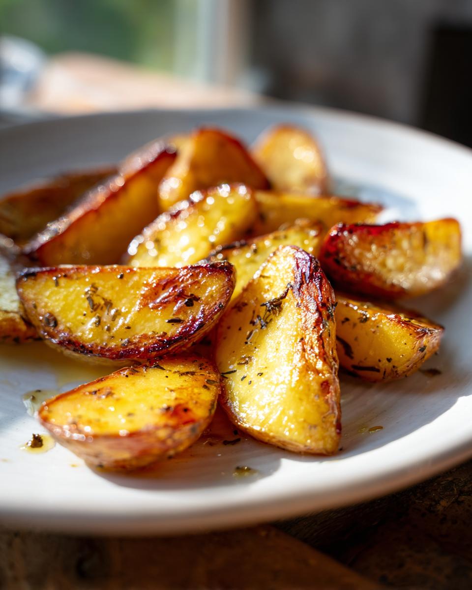 Close-up van goudbruin geroosterde Griekse citroenaardappelen, gekruid met oregano, op een wit bord.