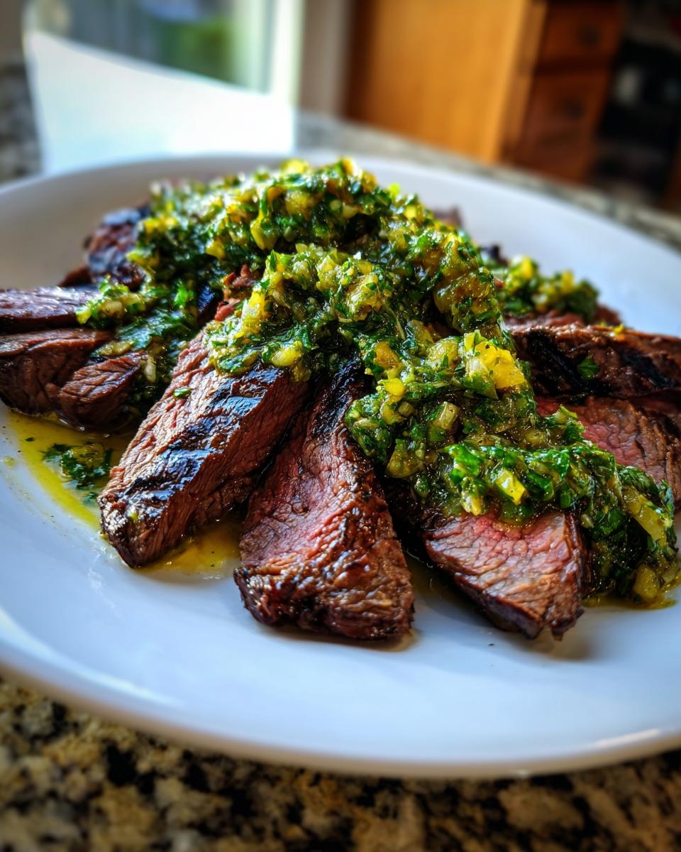 Plakjes gegrilde flank steak overgoten met heldergroene avocado chimichurri saus op een wit bord.