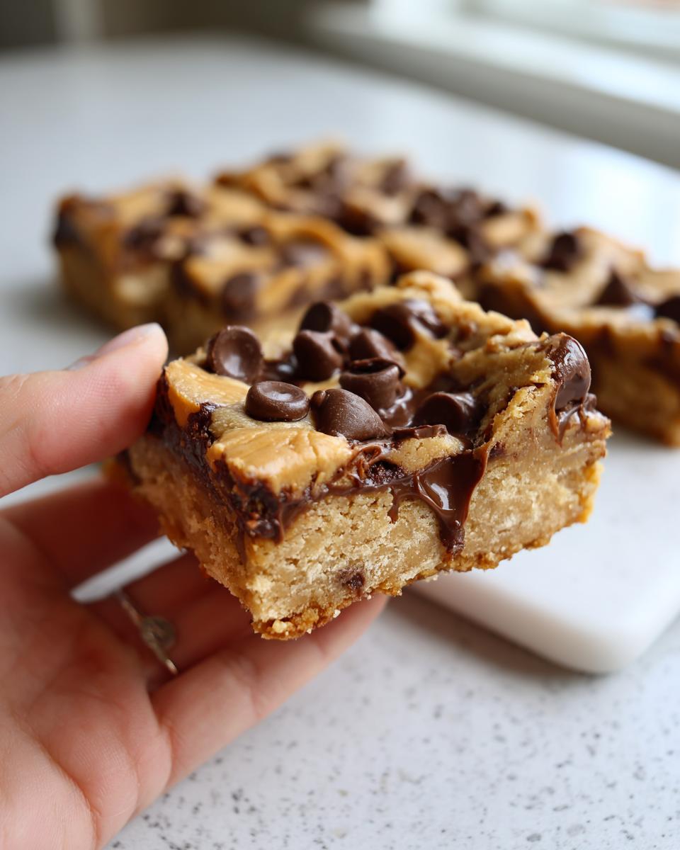 Een hand houdt een dikke, smeu&iuml;ge Peanut Butter Chocolate Chip Koekreep vast met gesmolten chocolade.