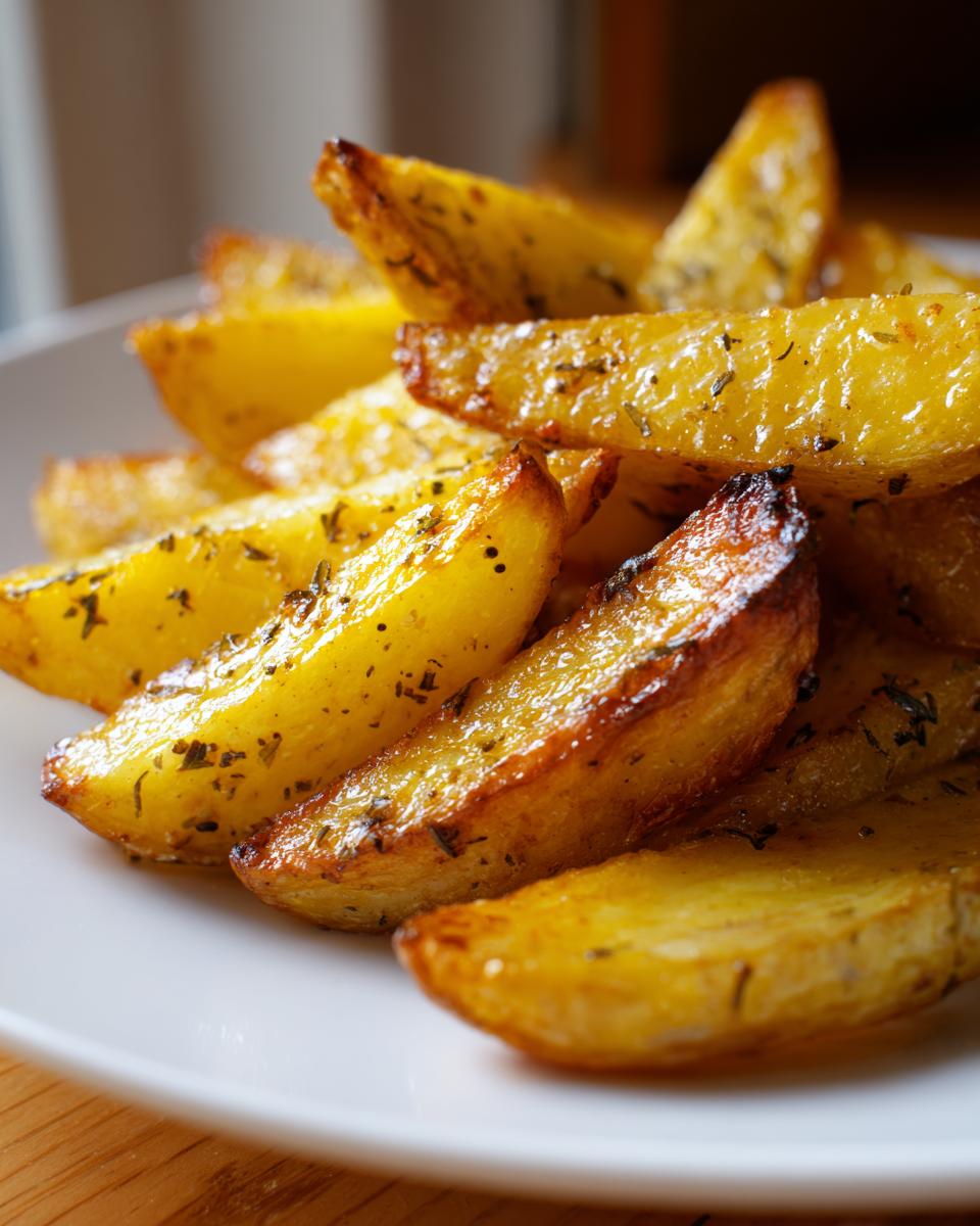 Close-up van goudgele, geroosterde Griekse Citroenaardappelen met kruiden op een witte schotel.
