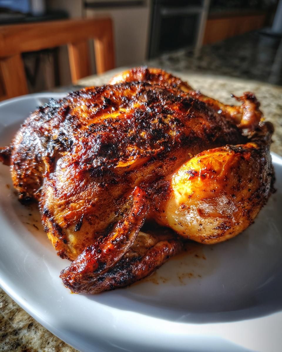 Close-up van een hele, perfect geroosterde Peruvian Chicken met een donkerbruine, gekruide korst.