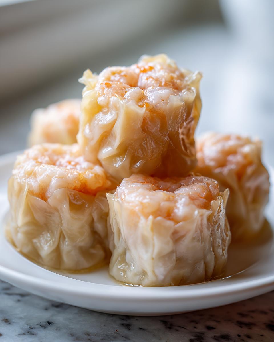 Een stapel van gestoomde Shrimp Shumai met zichtbare garnalenstukjes bovenop, geserveerd op een wit bord.