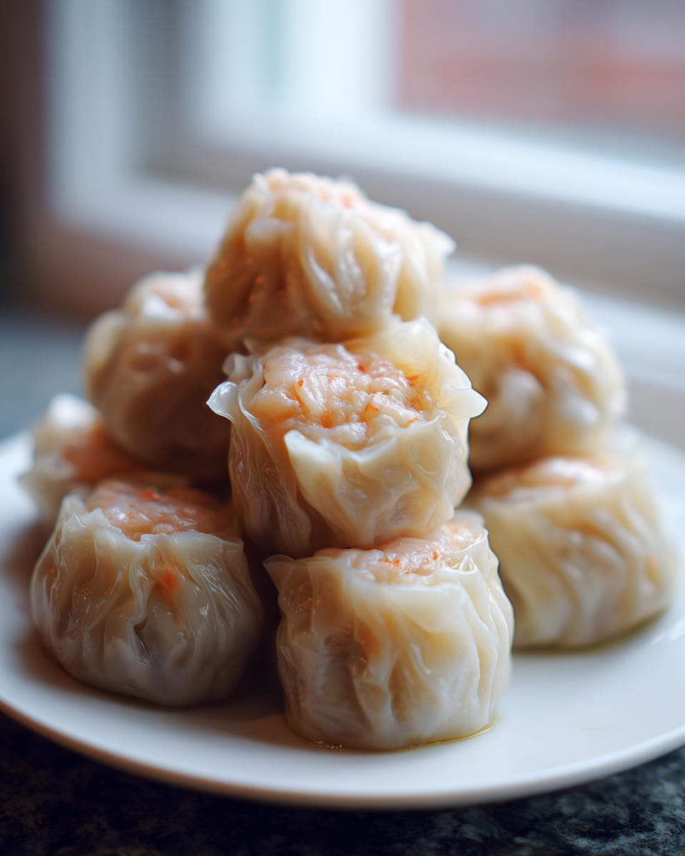 Een stapel gestoomde Shrimp Shumai met roze garnalenvulling, geserveerd op een wit bord.