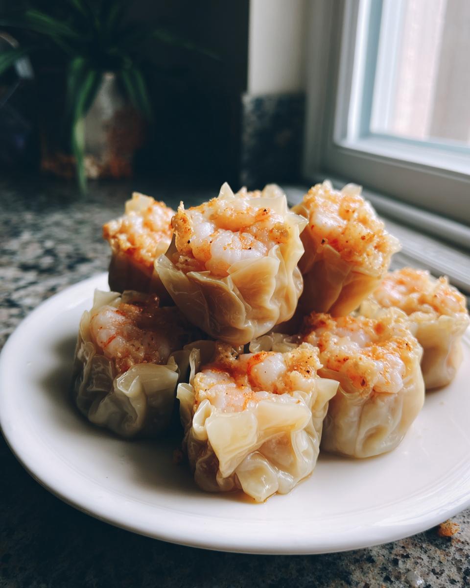 Een stapel gestoomde Shrimp Shumai met zichtbare garnalen bovenop, geserveerd op een wit bord.