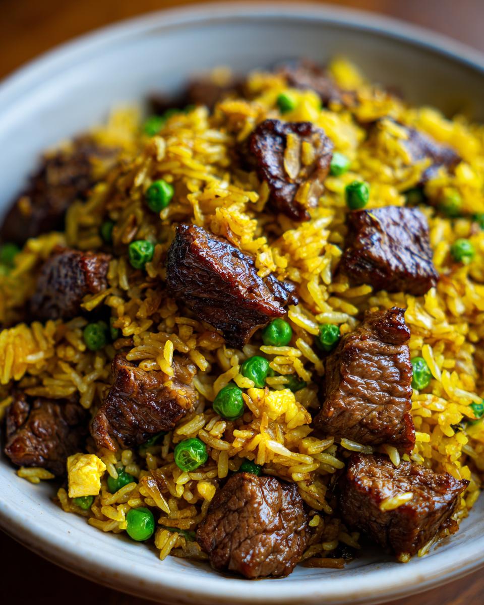 Close-up van een kom met gele Steak Fried Rice, stukjes rundvlees en groene erwten.