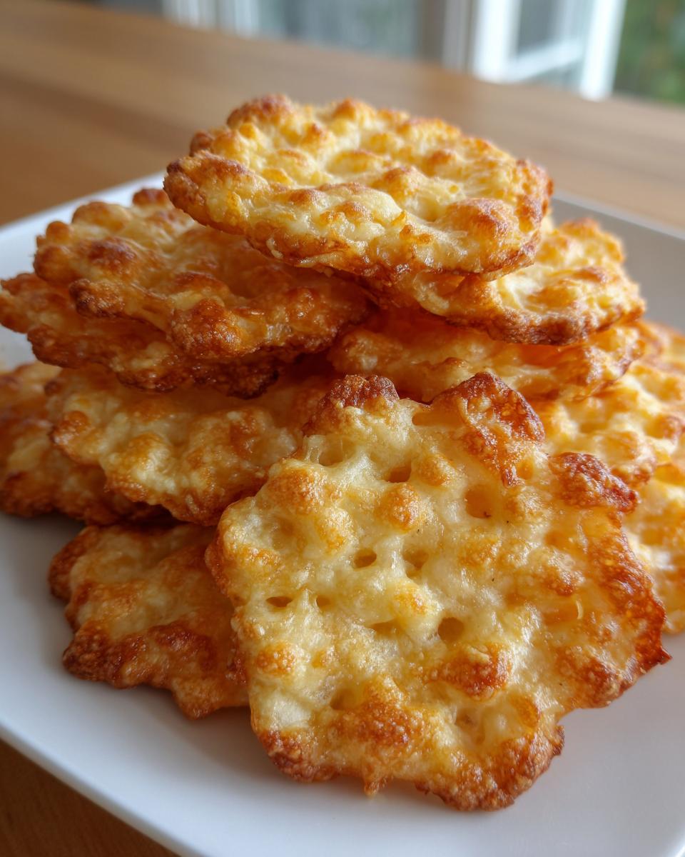 Close-up van een stapel goudbruine, knapperige Homemade Cheese Crackers op een wit bord.