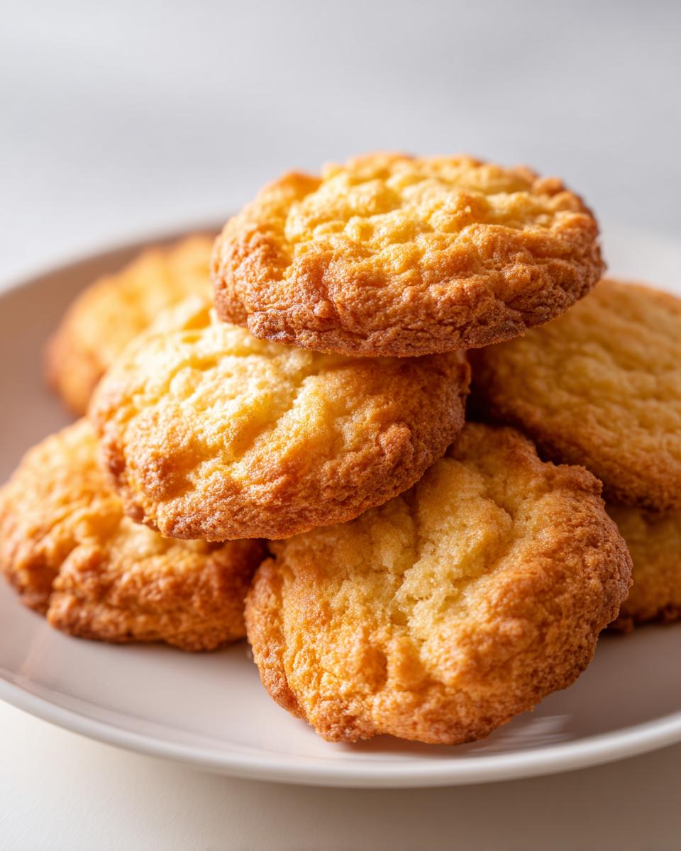 Stapel goudbruine, knapperige Homemade Cheese Crackers op een wit bord.