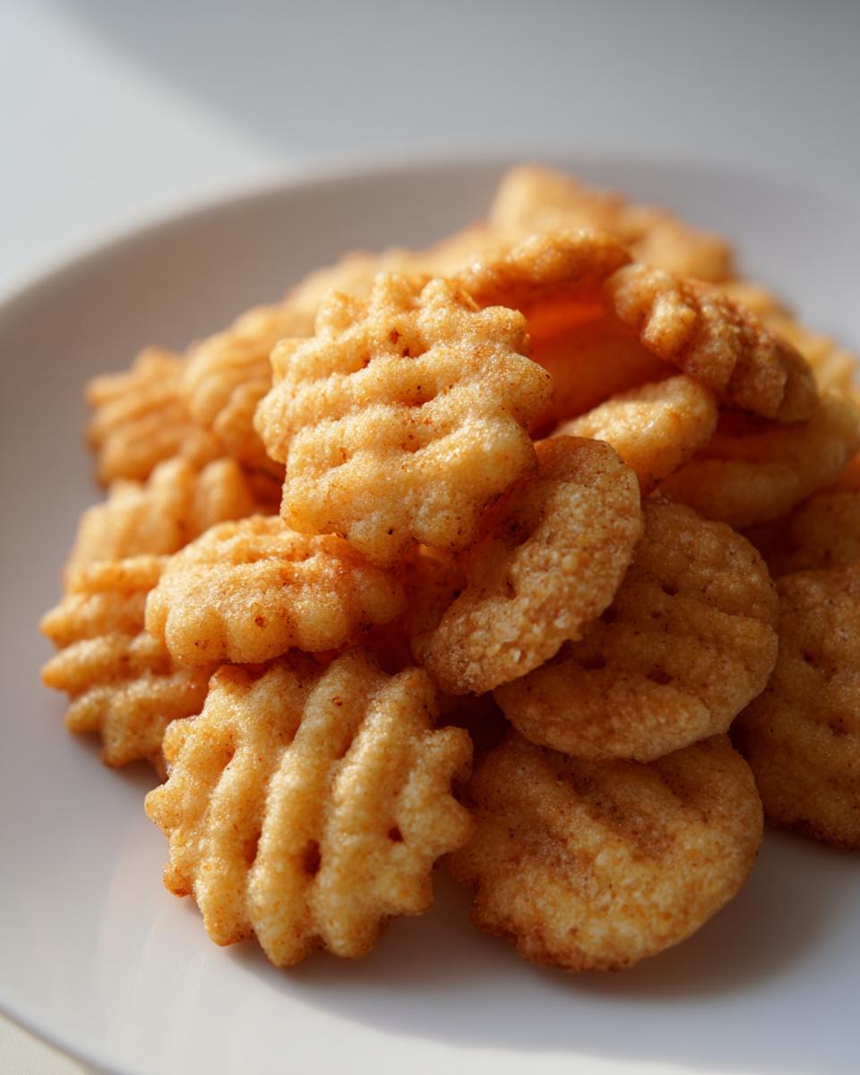 Een stapel goudbruine, geribbelde Homemade Cheese Crackers op een wit bord, klaar om gegeten te worden.