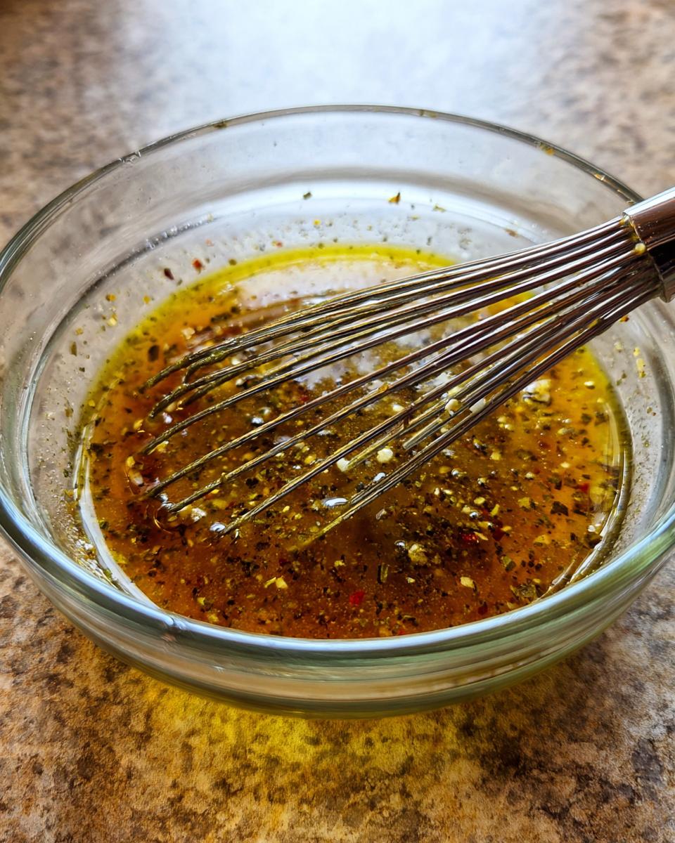 Close-up van Homemade Italian Salad Dressing met kruiden en olie in een glazen kom met een garde erin.