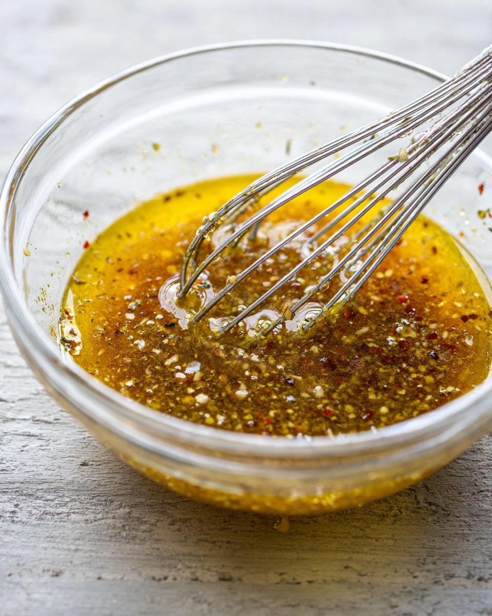 Close-up van Homemade Italian Salad Dressing met olie en kruiden die wordt gemengd met een metalen garde in een glazen kom.