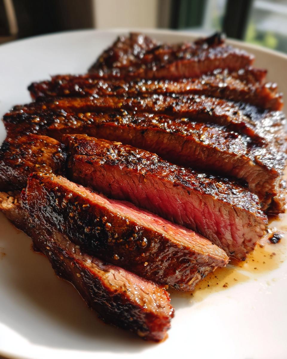 Close-up van een sappige, medium-rare Jack Daniels Grilled Steak, mooi gesneden op een wit bord.