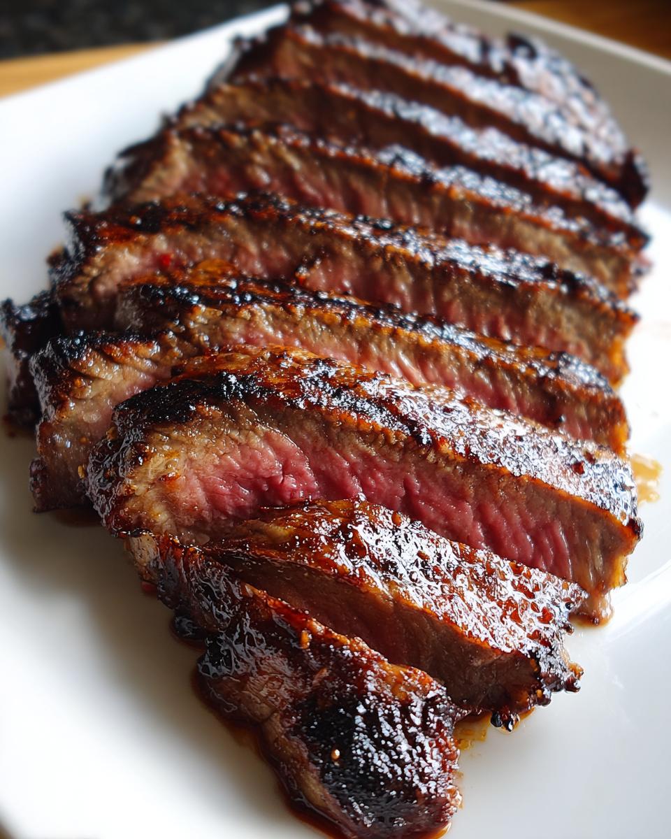 Gesneden Jack Daniels Grilled Steak met een glanzende, gekarameliseerde korst en een sappige, medium-rare binnenkant.