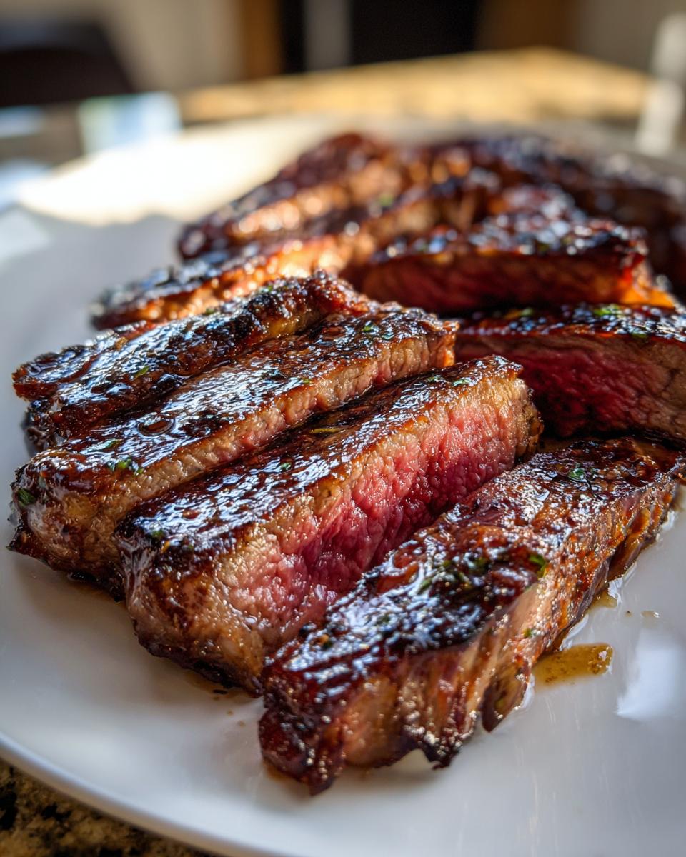 Drie dikke plakken Jack Daniels Grilled Steak met een glanzende, gekarameliseerde korst en een sappige, roze binnenkant.