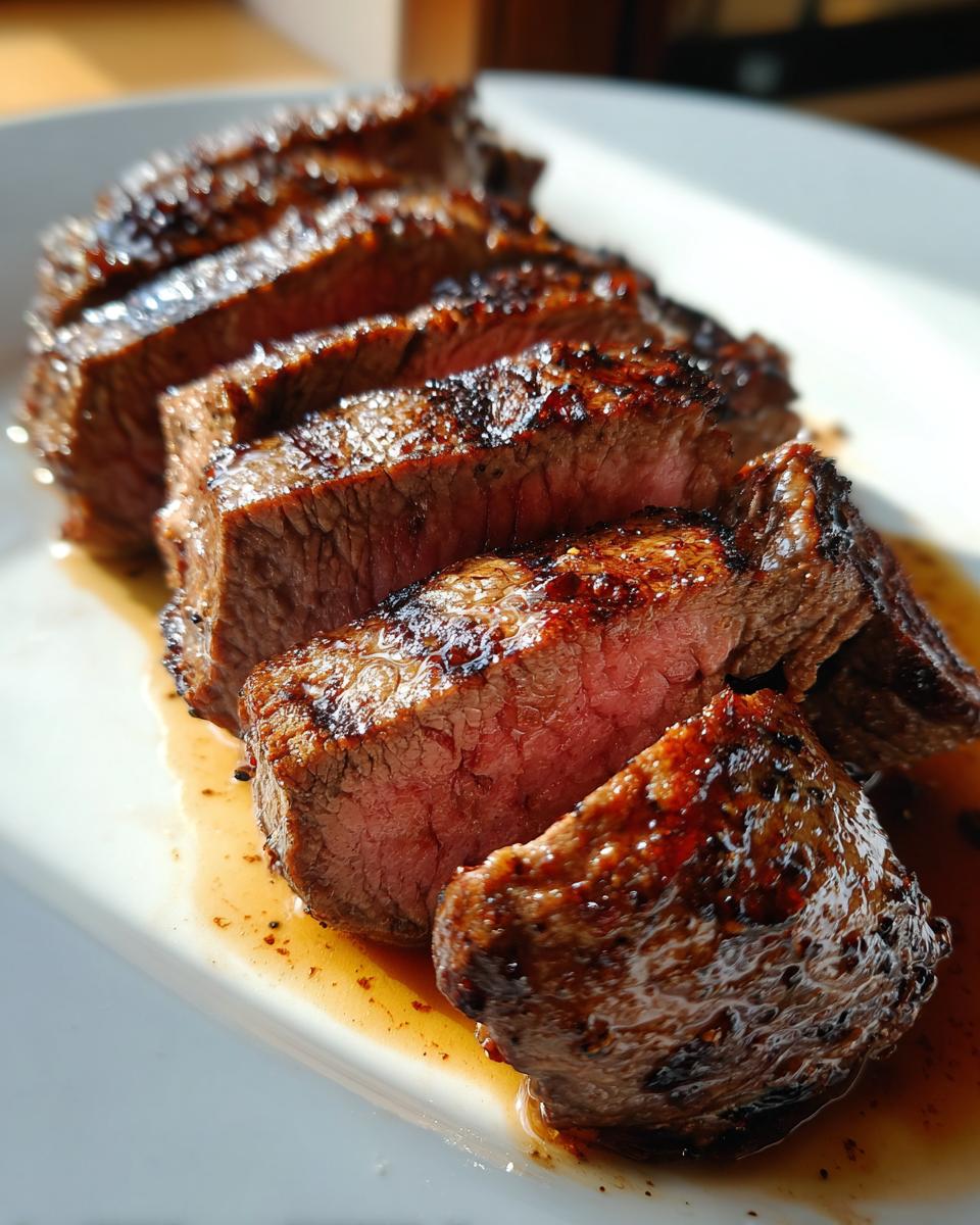 Mooi roze van binnen gesneden Jack Daniels Grilled Steak met een geglazuurde korst op een wit bord.