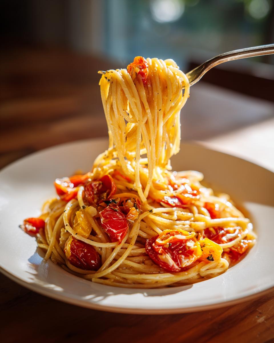 Een vork tilt een grote hoeveelheid spaghetti op uit een bord met Jennifer Garners 5 Ingredient Pasta en geroosterde tomaten.