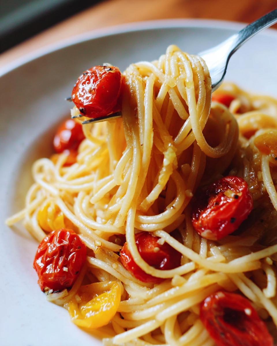 Een vork met spaghetti en geroosterde cherrytomaten uit Jennifer Garners 5 Ingredient Pasta.
